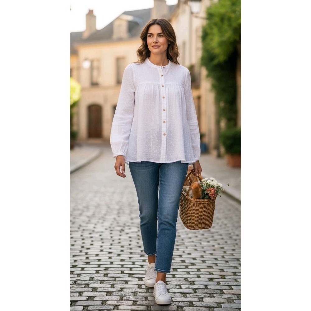 Pilco Anthropologie Button Front Blouse SZ XL White Cotton Swiss Dot Sheer Boho